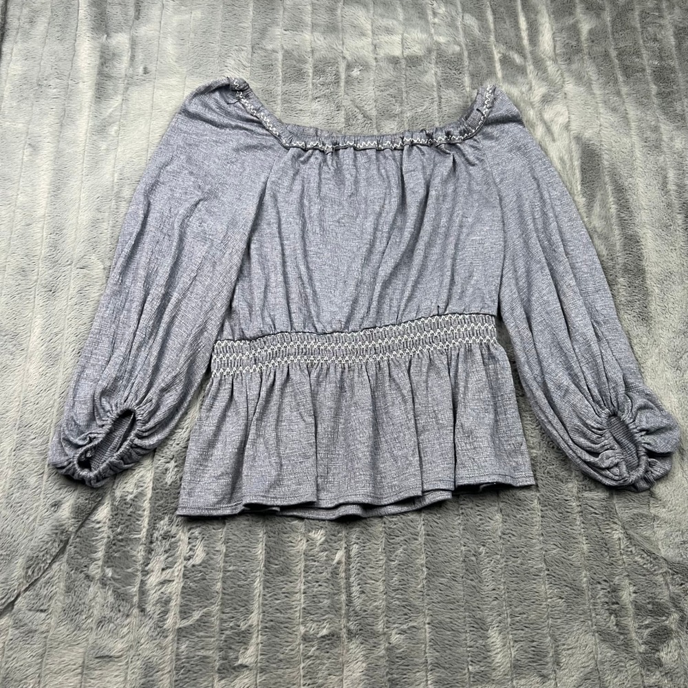 Max Studio Blue Smocked Peplum Off The Shoulder Balloon Sleeve Top XL